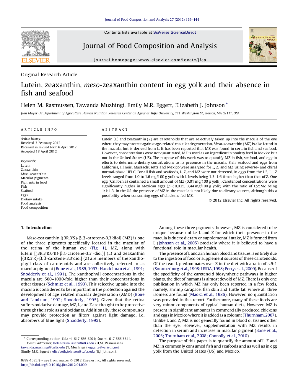 عکس صفحه اول مقاله: Lutein, zeaxanthin, meso-zeaxanthin content in egg yolk and their absence in fish and seafood Lutein, zeaxanthin, meso-zeaxanthin content in egg yolk and their absence in fish and seafood