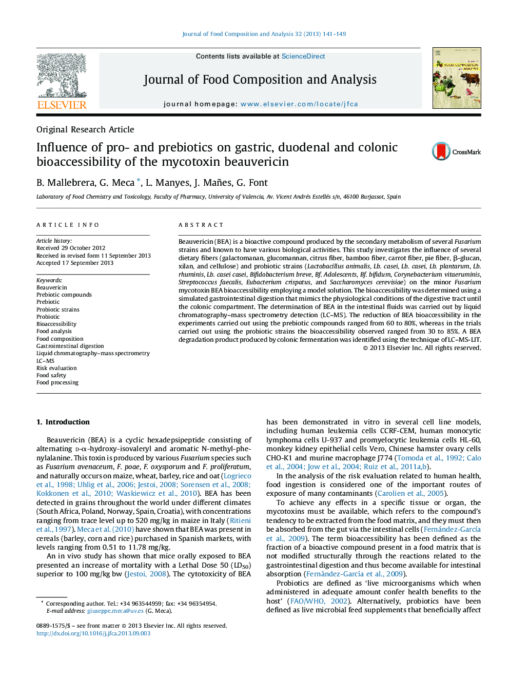 Influence of pro- and prebiotics on gastric, duodenal and colonic bioaccessibility of the mycotoxin beauvericin