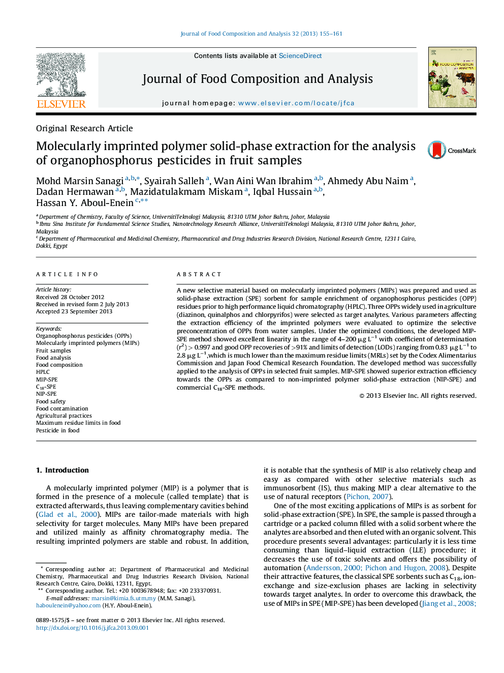 Molecularly imprinted polymer solid-phase extraction for the analysis of organophosphorus pesticides in fruit samples