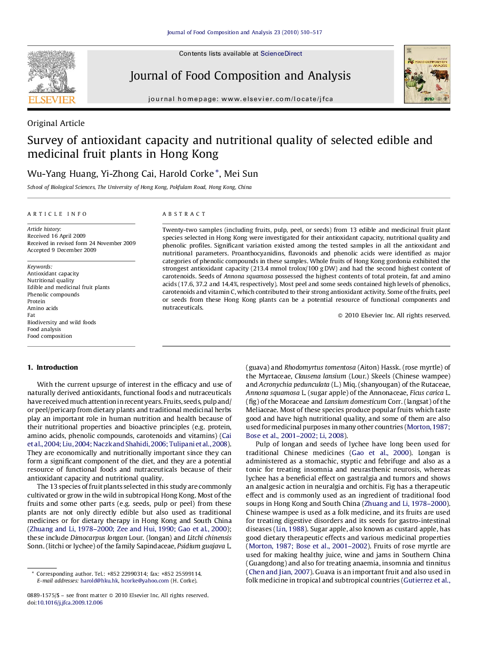 Survey of antioxidant capacity and nutritional quality of selected edible and medicinal fruit plants in Hong Kong