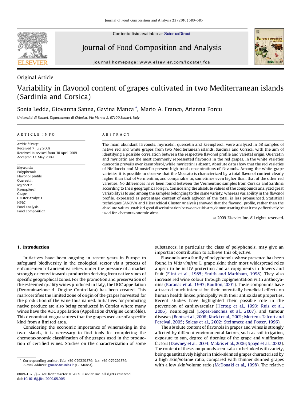 Variability in flavonol content of grapes cultivated in two Mediterranean islands (Sardinia and Corsica)