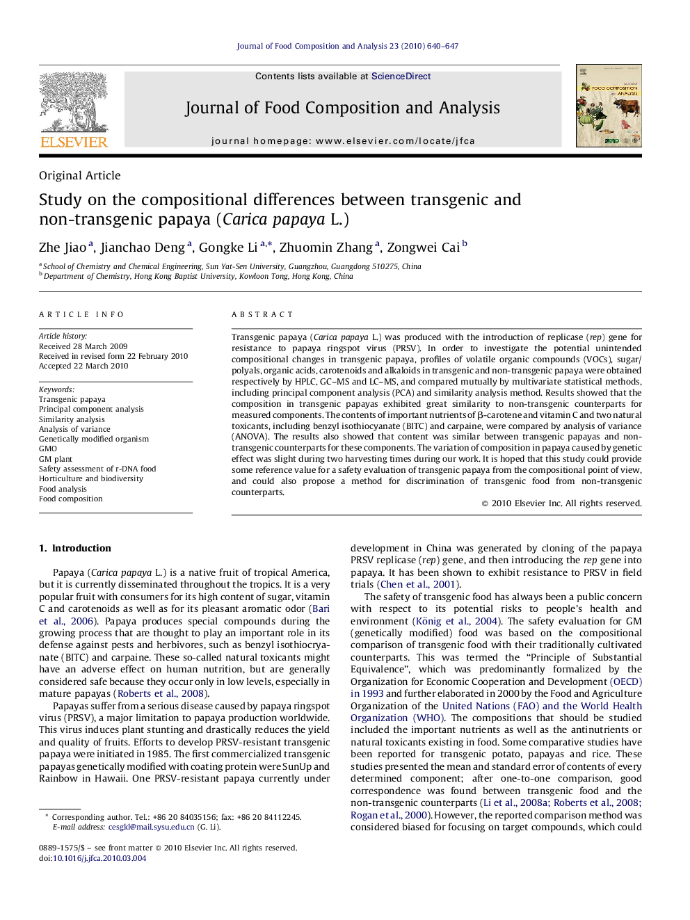 Study on the compositional differences between transgenic and non-transgenic papaya (Carica papaya L.)