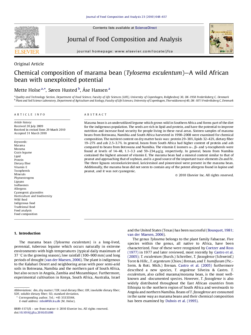 Chemical composition of marama bean (Tylosema esculentum)—A wild African bean with unexploited potential