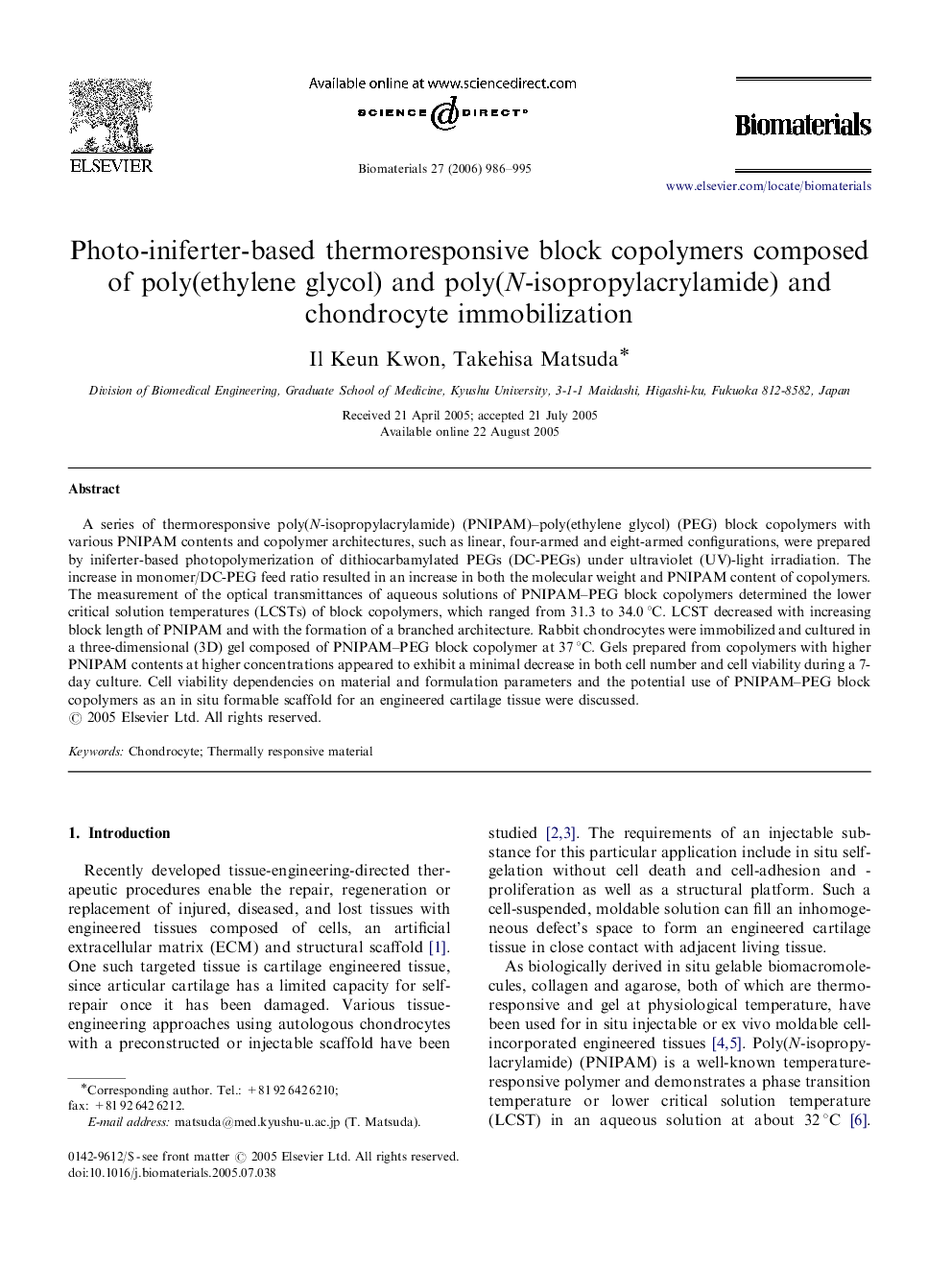 Photo-iniferter-based thermoresponsive block copolymers composed of poly(ethylene glycol) and poly(N-isopropylacrylamide) and chondrocyte immobilization