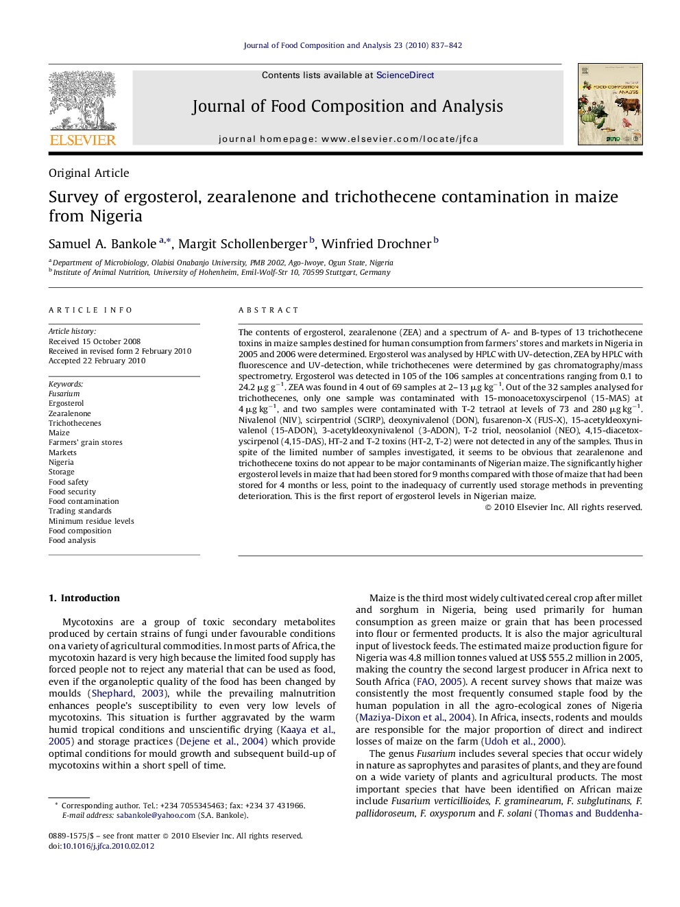 Survey of ergosterol, zearalenone and trichothecene contamination in maize from Nigeria