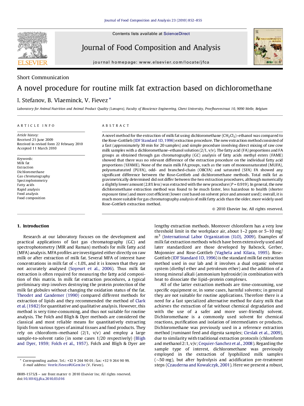 A novel procedure for routine milk fat extraction based on dichloromethane