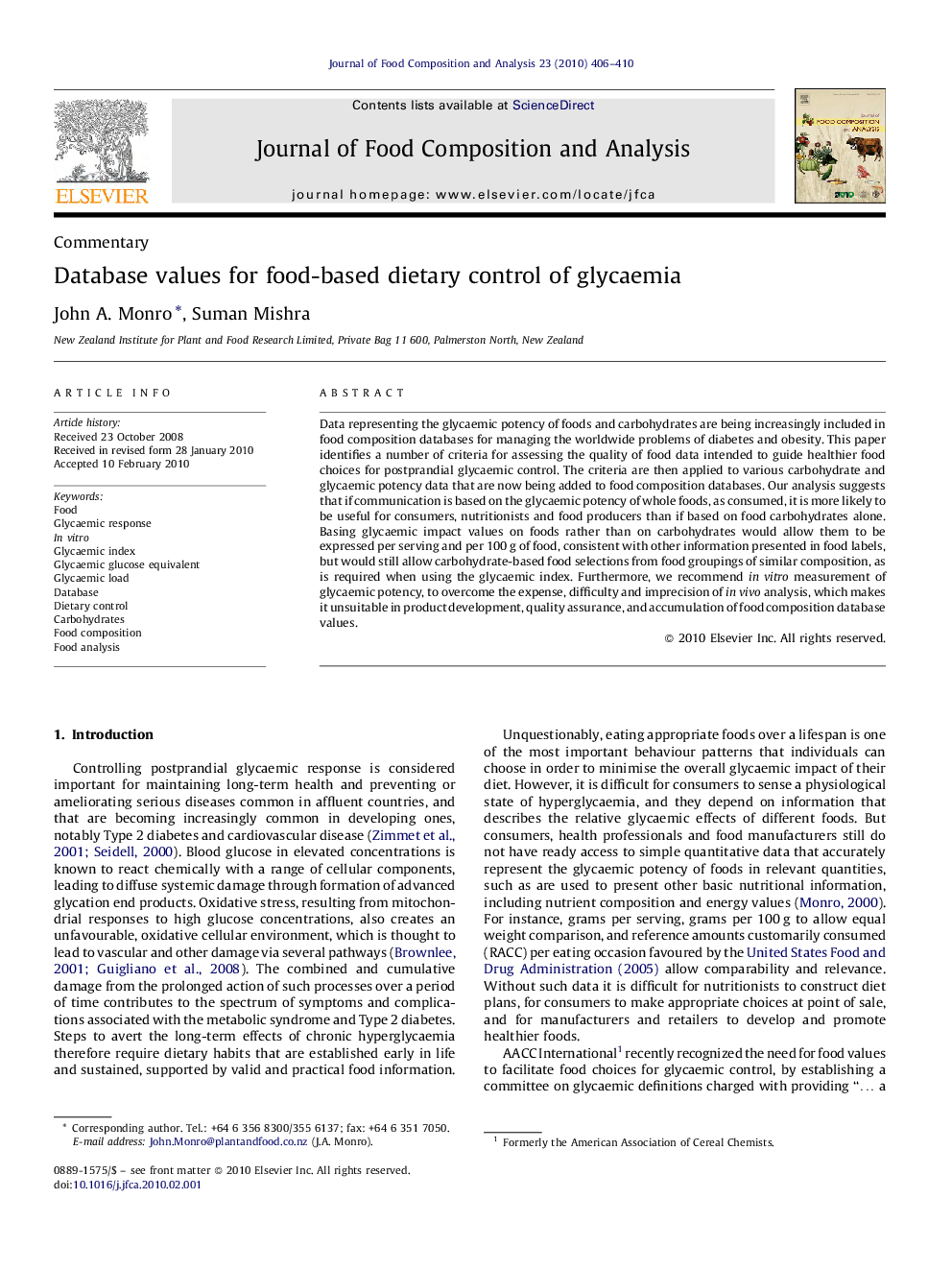 Database values for food-based dietary control of glycaemia