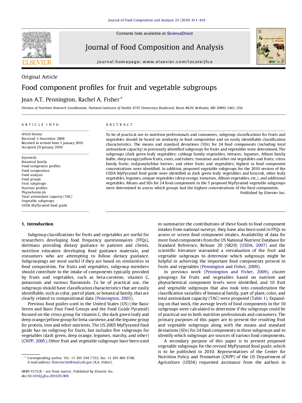 Food component profiles for fruit and vegetable subgroups