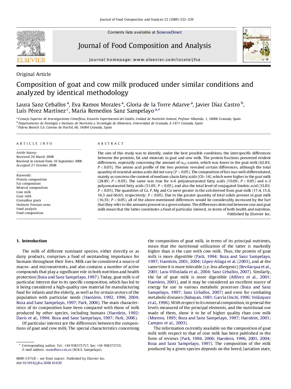 Composition of goat and cow milk produced under similar conditions and analyzed by identical methodology