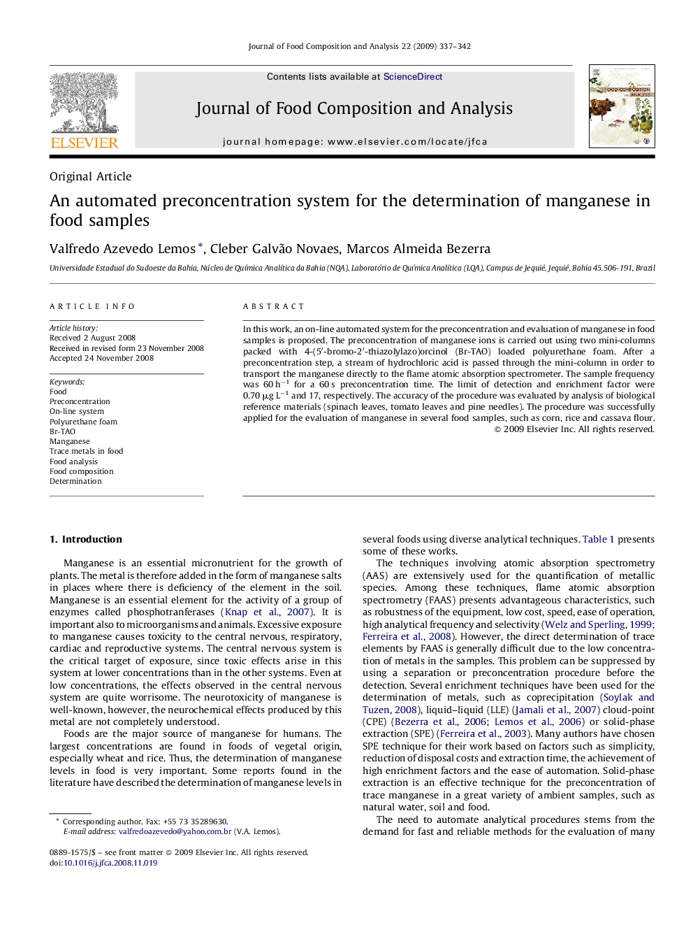 An automated preconcentration system for the determination of manganese in food samples