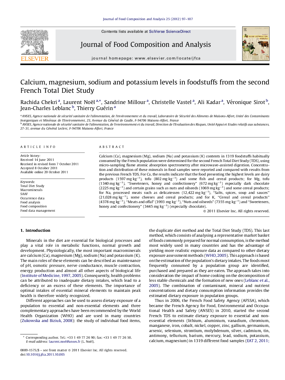 Calcium, magnesium, sodium and potassium levels in foodstuffs from the second French Total Diet Study