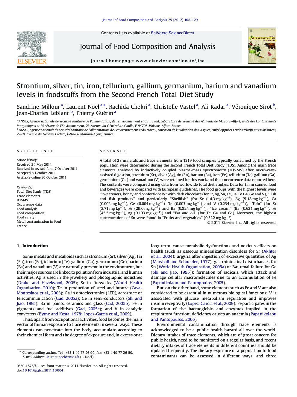 Strontium, silver, tin, iron, tellurium, gallium, germanium, barium and vanadium levels in foodstuffs from the Second French Total Diet Study