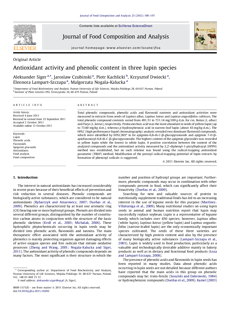 Antioxidant activity and phenolic content in three lupin species