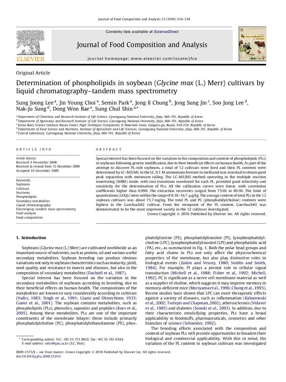 Determination of phospholipids in soybean (Glycine max (L.) Merr) cultivars by liquid chromatography–tandem mass spectrometry