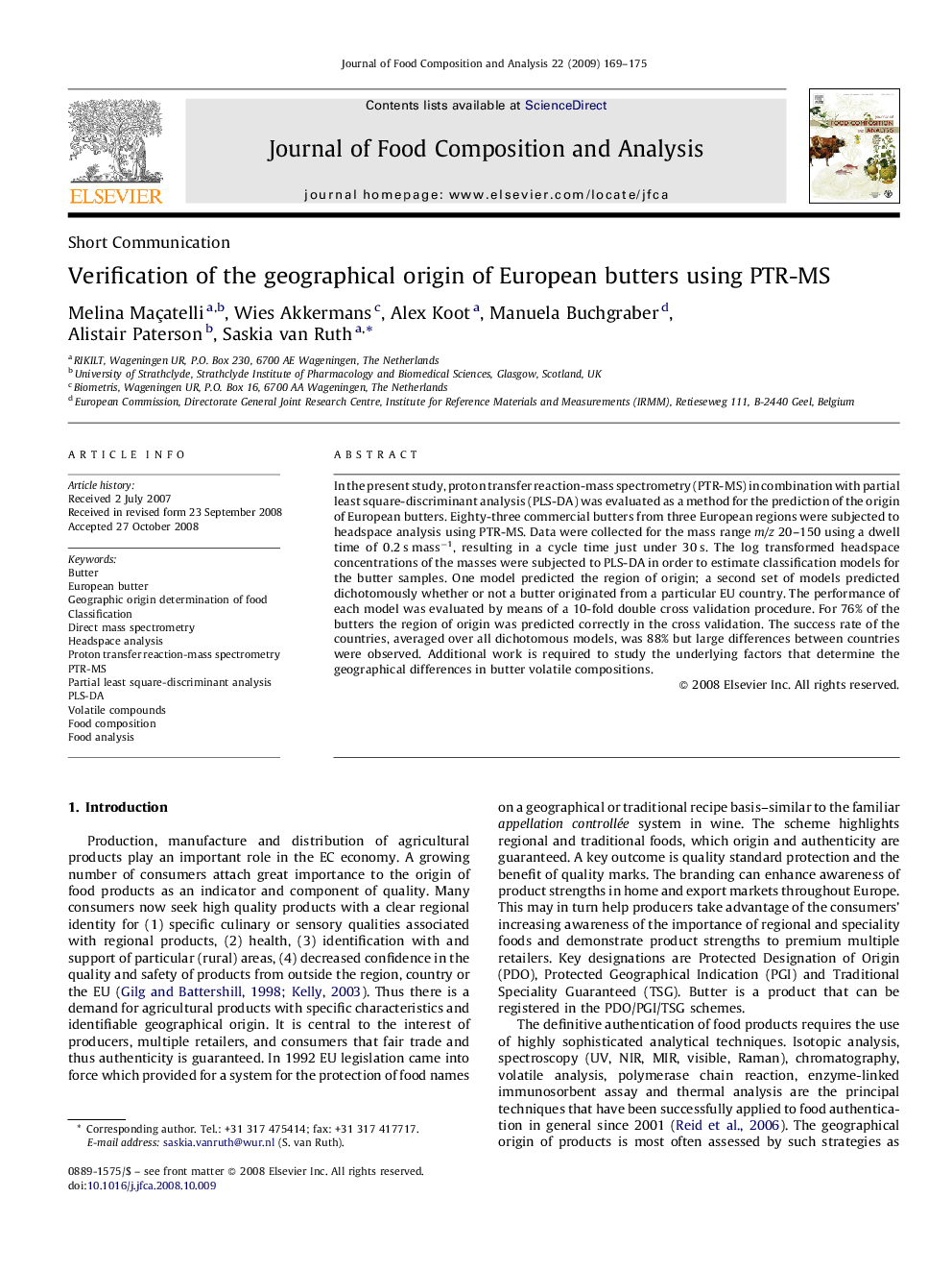 Verification of the geographical origin of European butters using PTR-MS