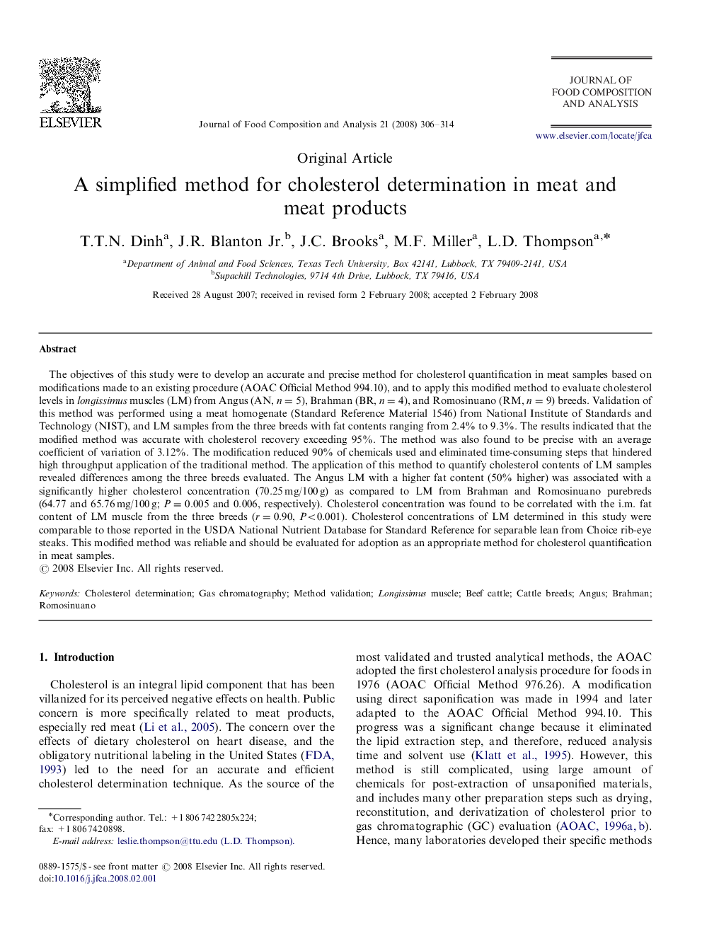 A simplified method for cholesterol determination in meat and meat products