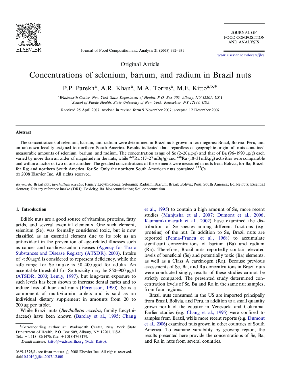 Concentrations of selenium, barium, and radium in Brazil nuts