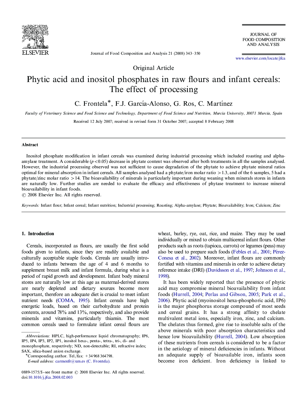 Phytic acid and inositol phosphates in raw flours and infant cereals: The effect of processing