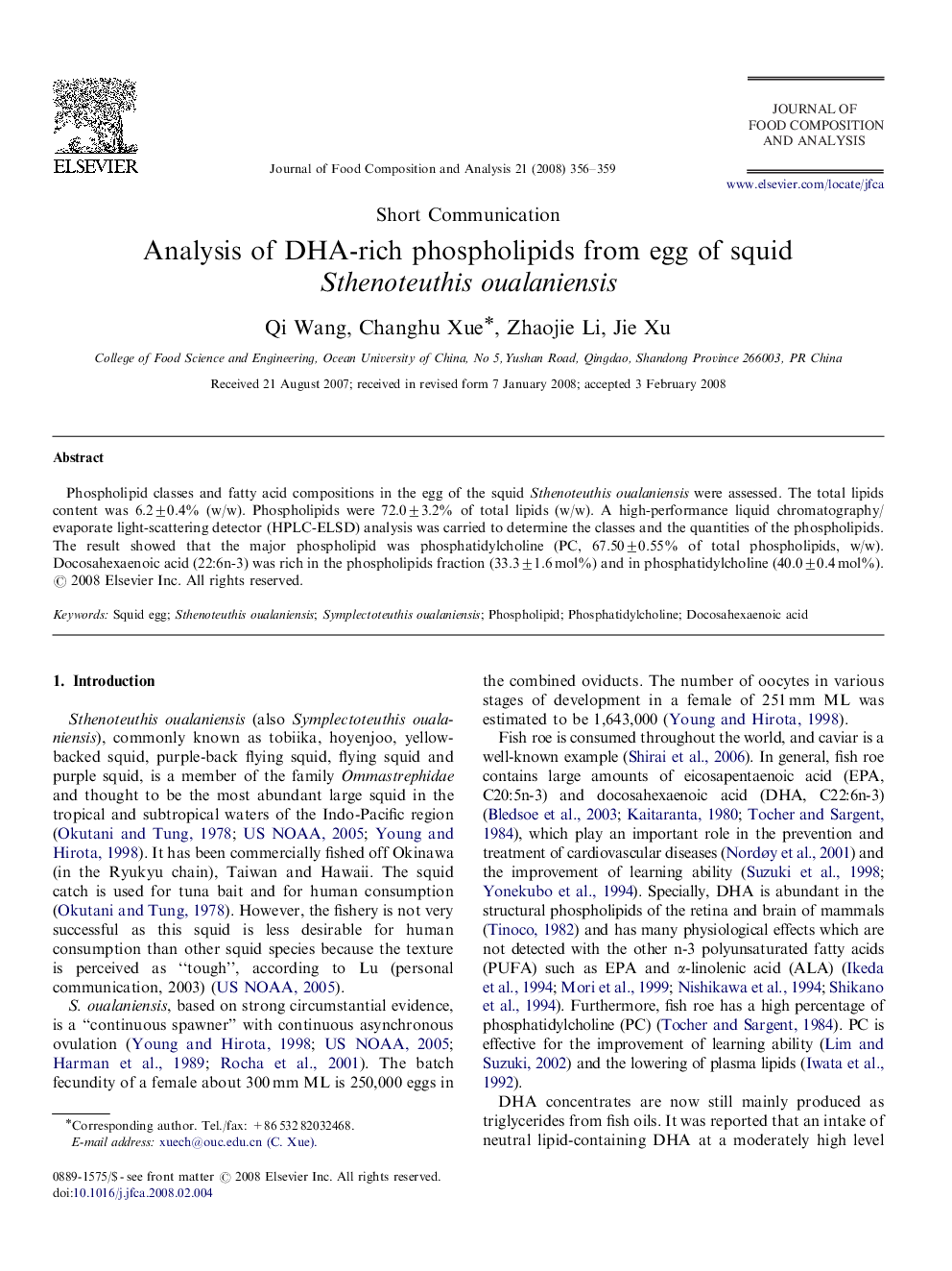 Analysis of DHA-rich phospholipids from egg of squid Sthenoteuthis oualaniensis