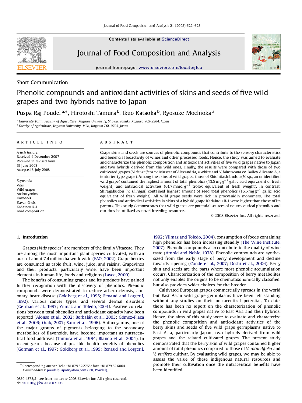 Phenolic compounds and antioxidant activities of skins and seeds of five wild grapes and two hybrids native to Japan