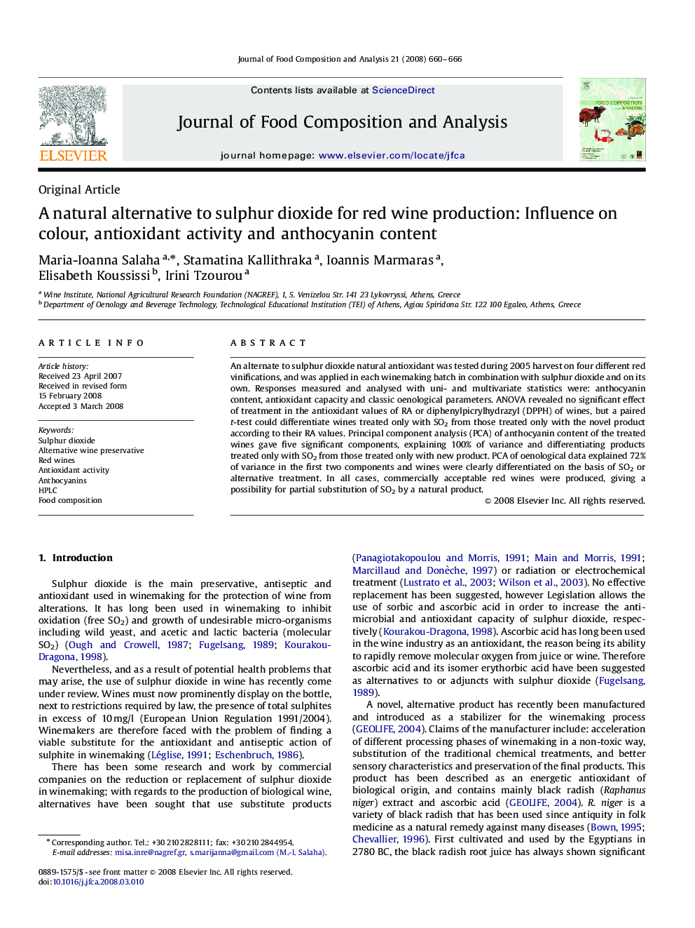 A natural alternative to sulphur dioxide for red wine production: Influence on colour, antioxidant activity and anthocyanin content