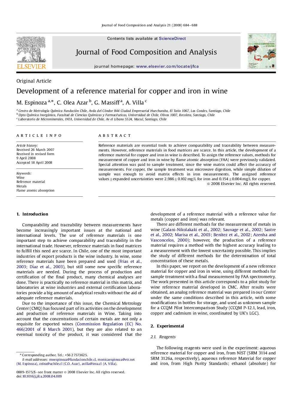 Development of a reference material for copper and iron in wine