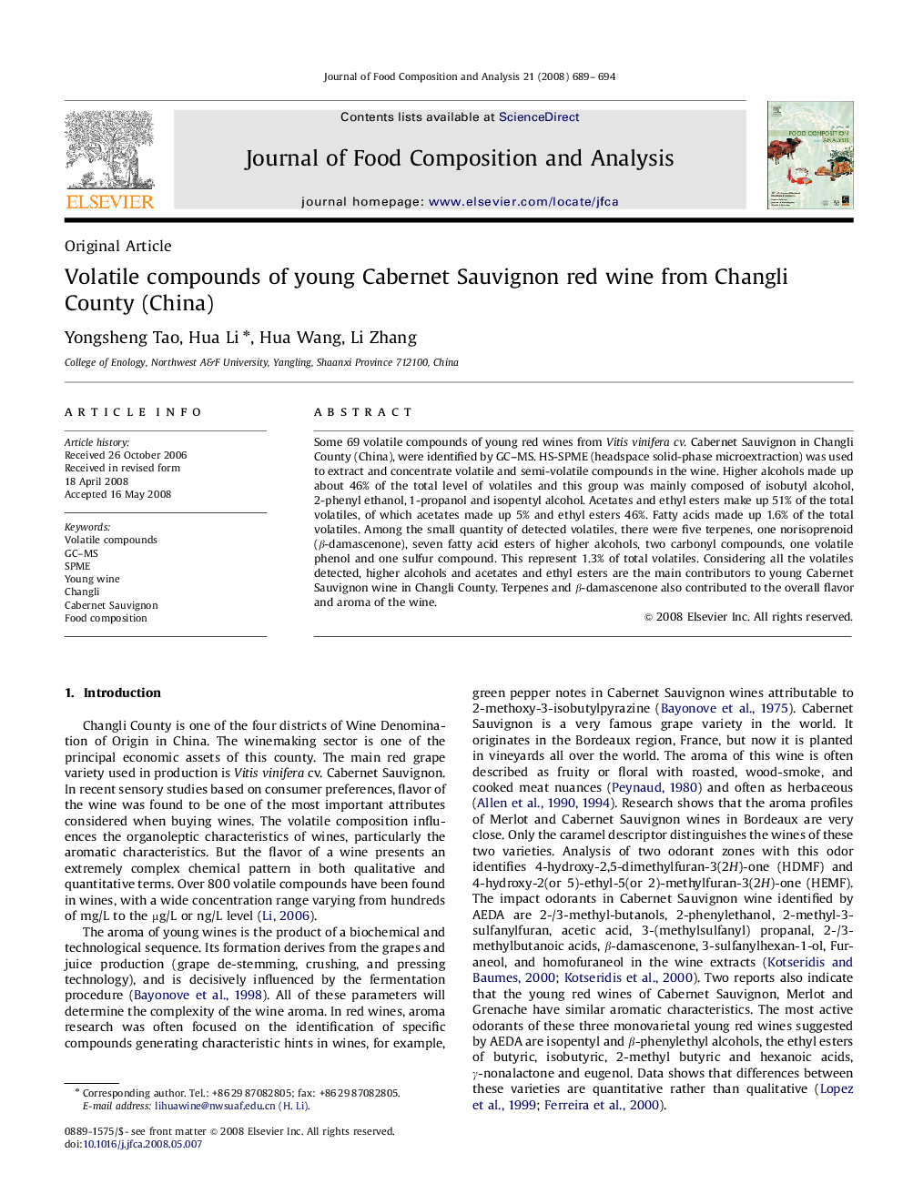 Volatile compounds of young Cabernet Sauvignon red wine from Changli County (China)