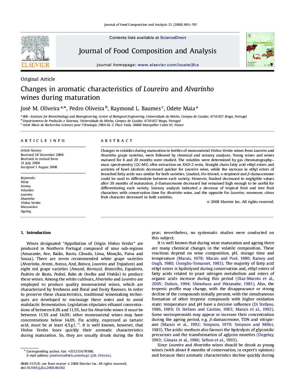 Changes in aromatic characteristics of Loureiro and Alvarinho wines during maturation