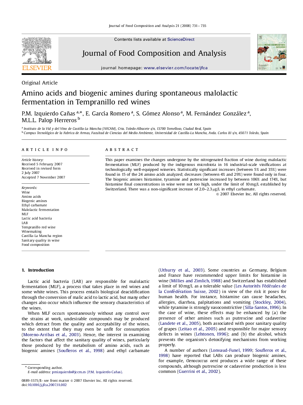 Amino acids and biogenic amines during spontaneous malolactic fermentation in Tempranillo red wines