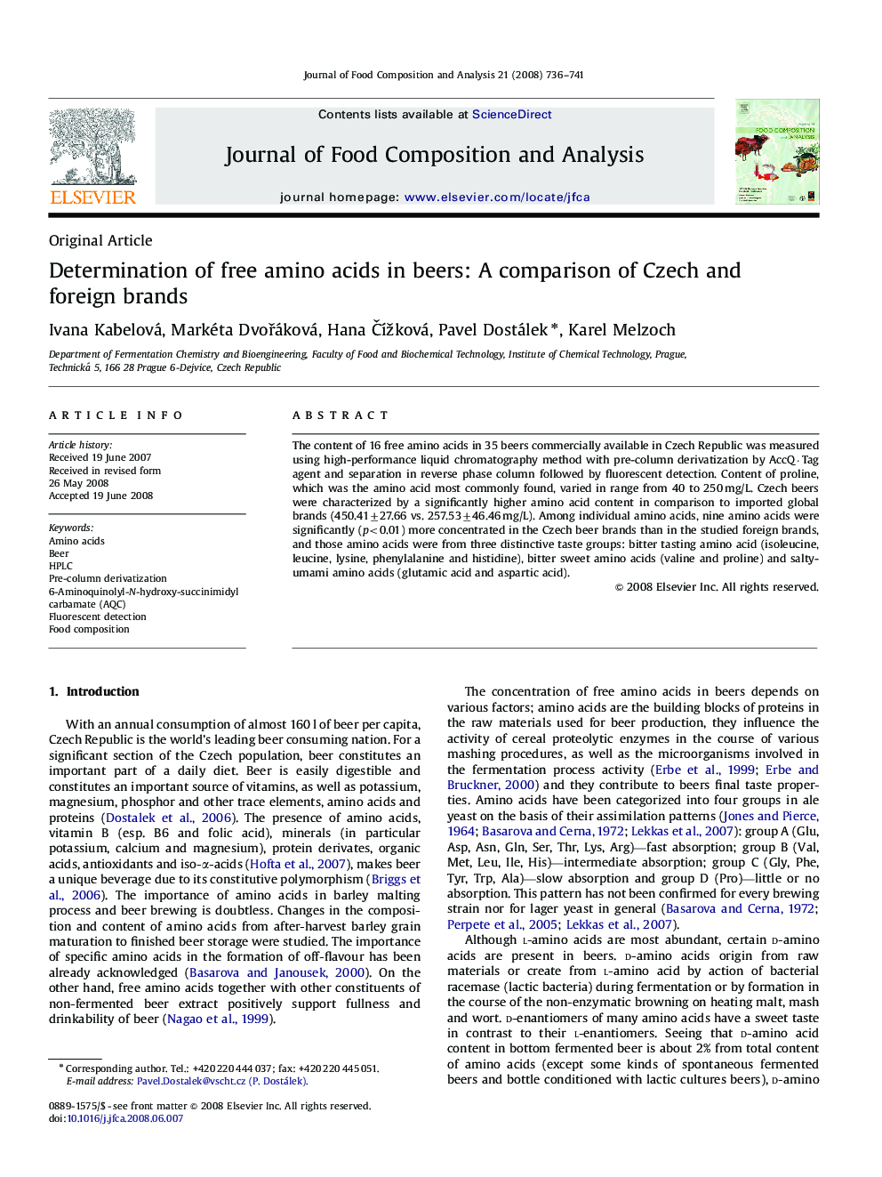 Determination of free amino acids in beers: A comparison of Czech and foreign brands