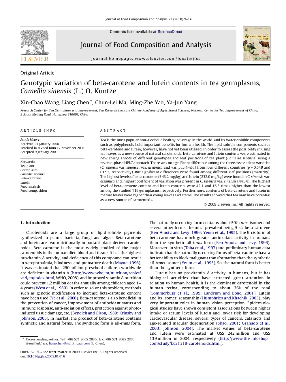 Genotypic variation of beta-carotene and lutein contents in tea germplasms, Camellia sinensis (L.) O. Kuntze