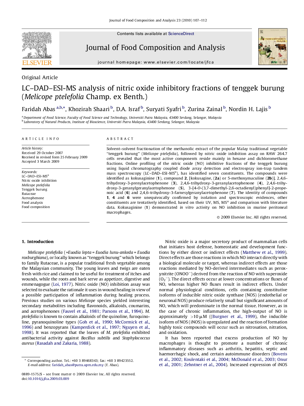 LC–DAD–ESI-MS analysis of nitric oxide inhibitory fractions of tenggek burung (Melicope ptelefolia Champ. ex Benth.)