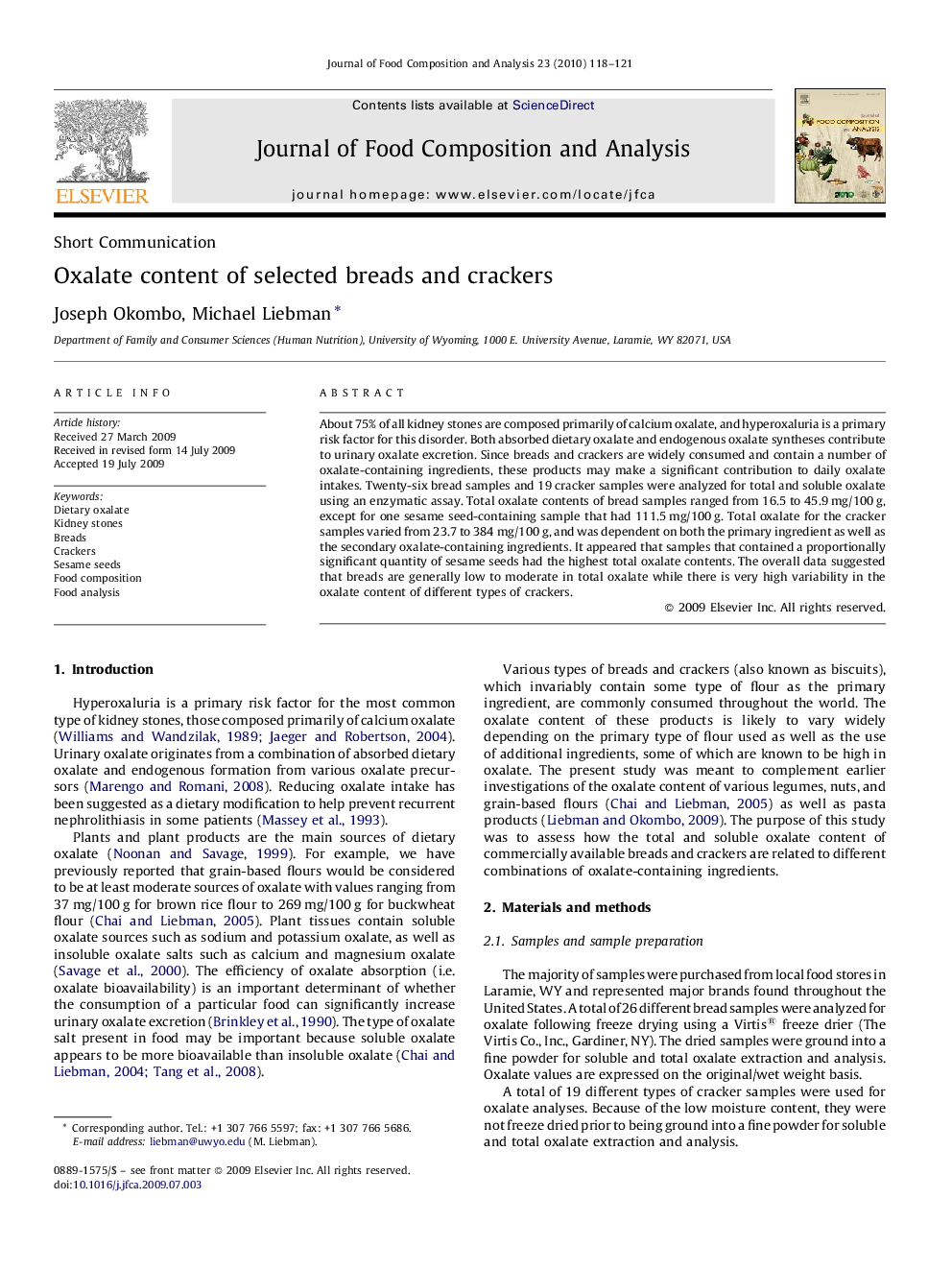 Oxalate content of selected breads and crackers