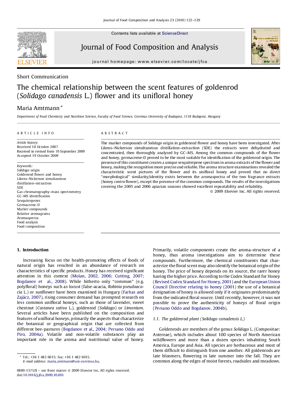 The chemical relationship between the scent features of goldenrod (Solidago canadensis L.) flower and its unifloral honey