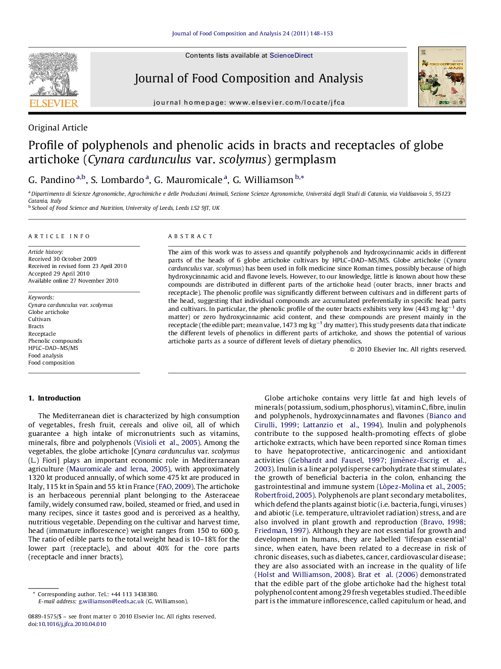 Profile of polyphenols and phenolic acids in bracts and receptacles of globe artichoke (Cynara cardunculus var. scolymus) germplasm