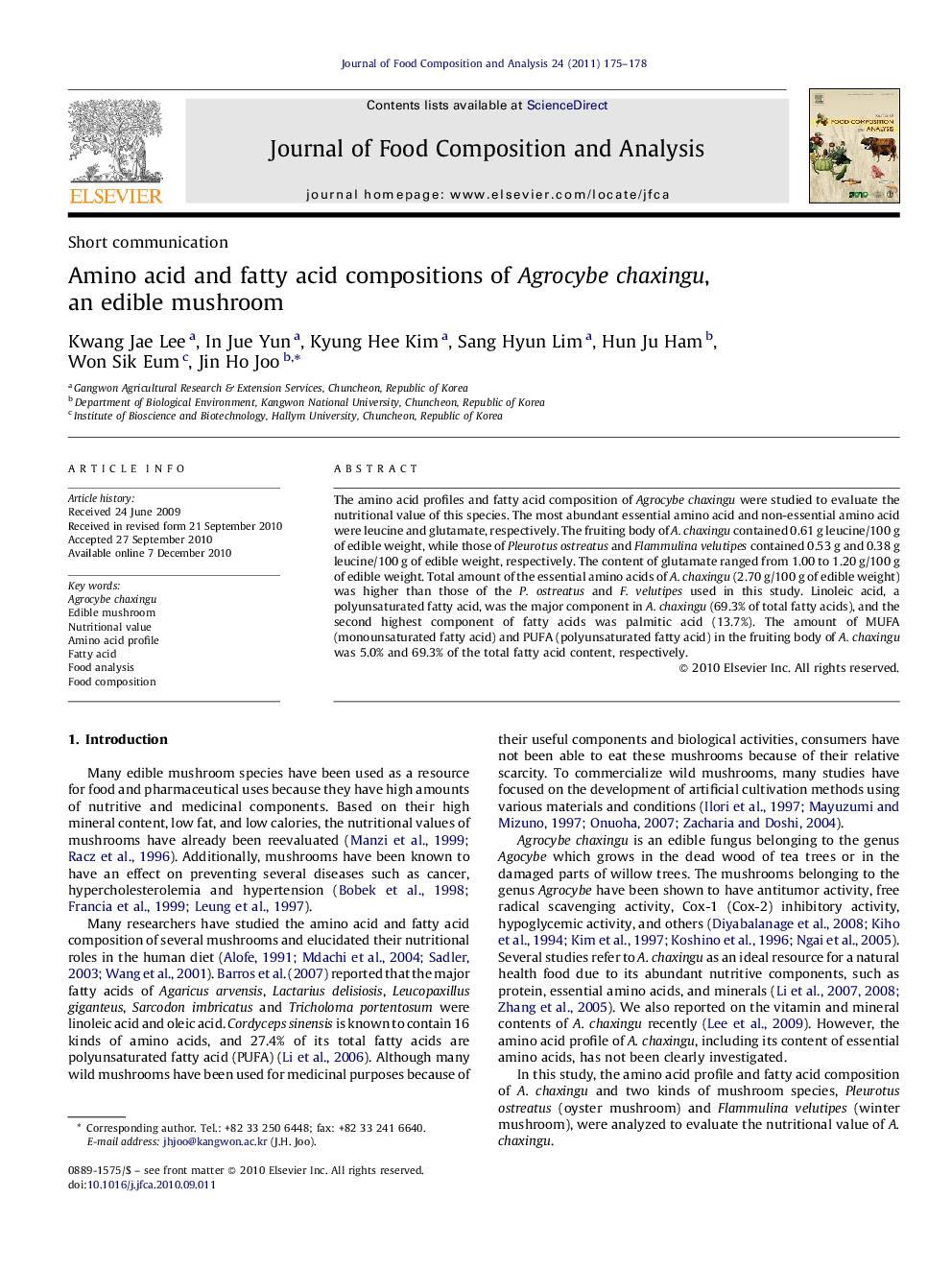 Amino acid and fatty acid compositions of Agrocybe chaxingu, an edible mushroom