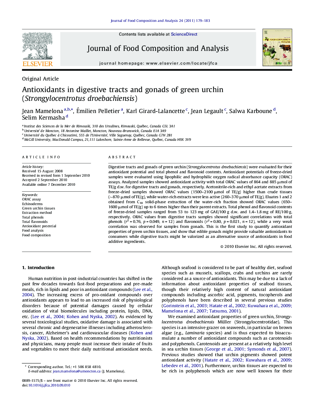 Antioxidants in digestive tracts and gonads of green urchin (Strongylocentrotus droebachiensis)