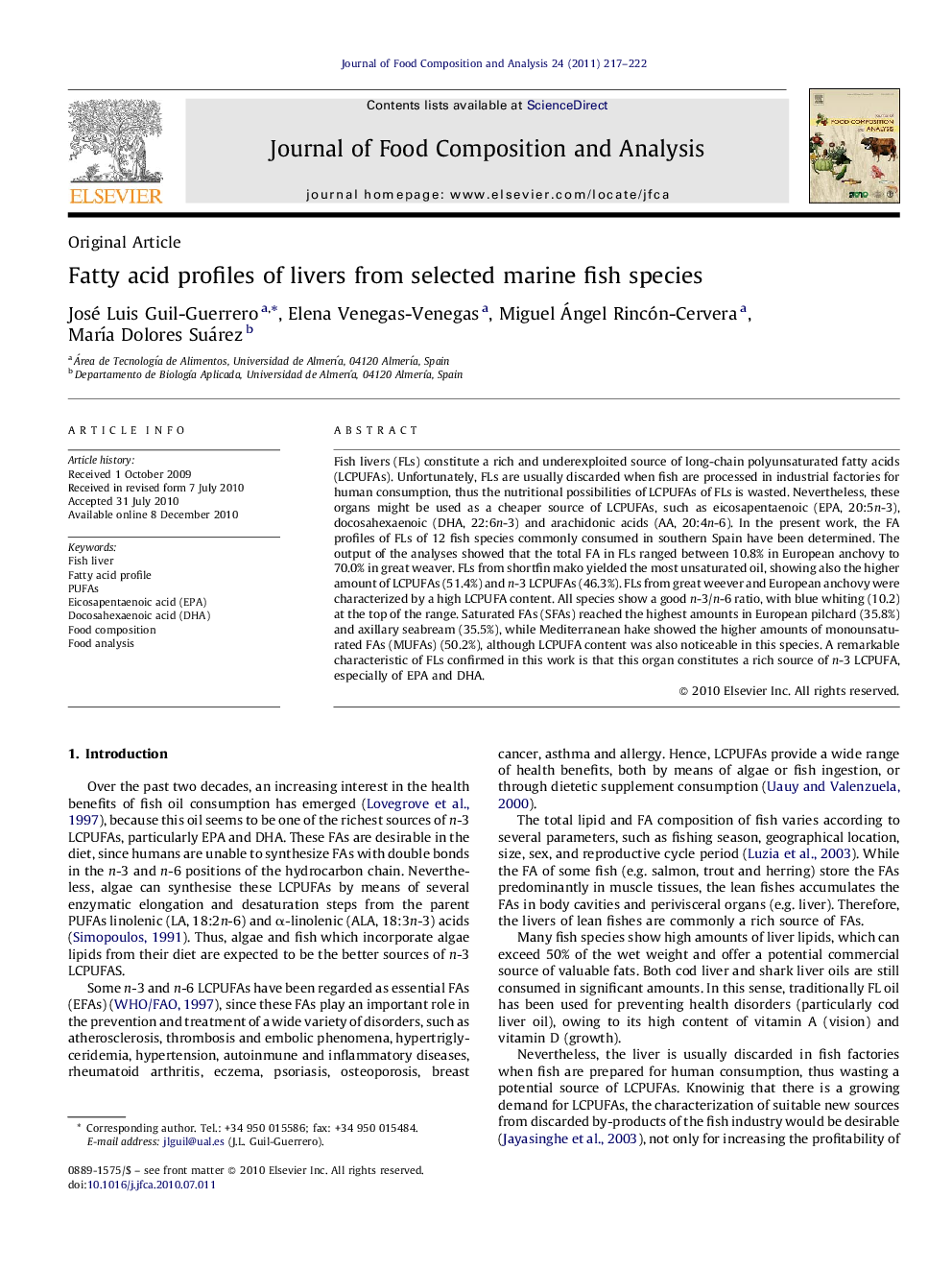 Fatty acid profiles of livers from selected marine fish species