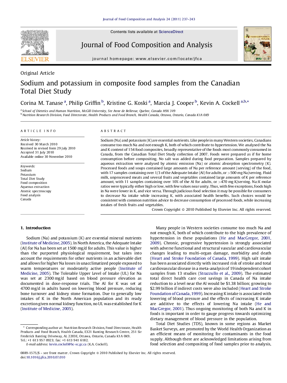 Sodium and potassium in composite food samples from the Canadian Total Diet Study