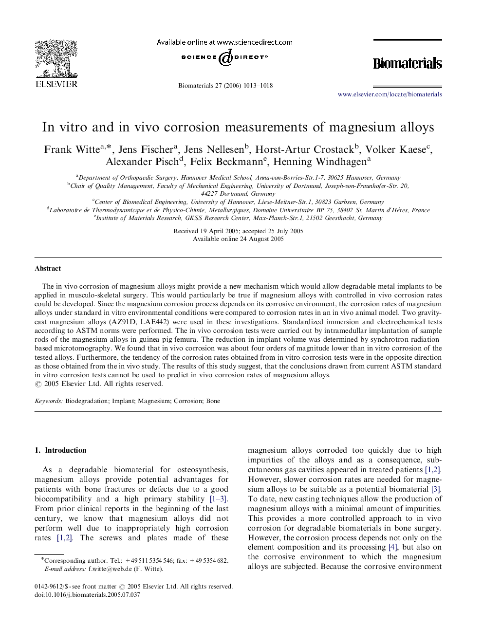 In vitro and in vivo corrosion measurements of magnesium alloys