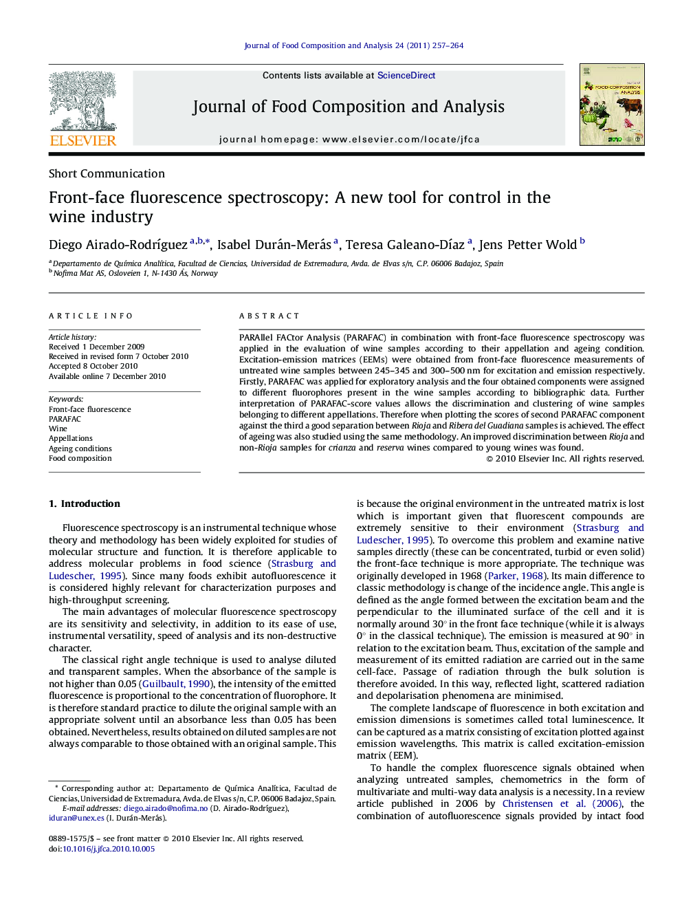 Front-face fluorescence spectroscopy: A new tool for control in the wine industry