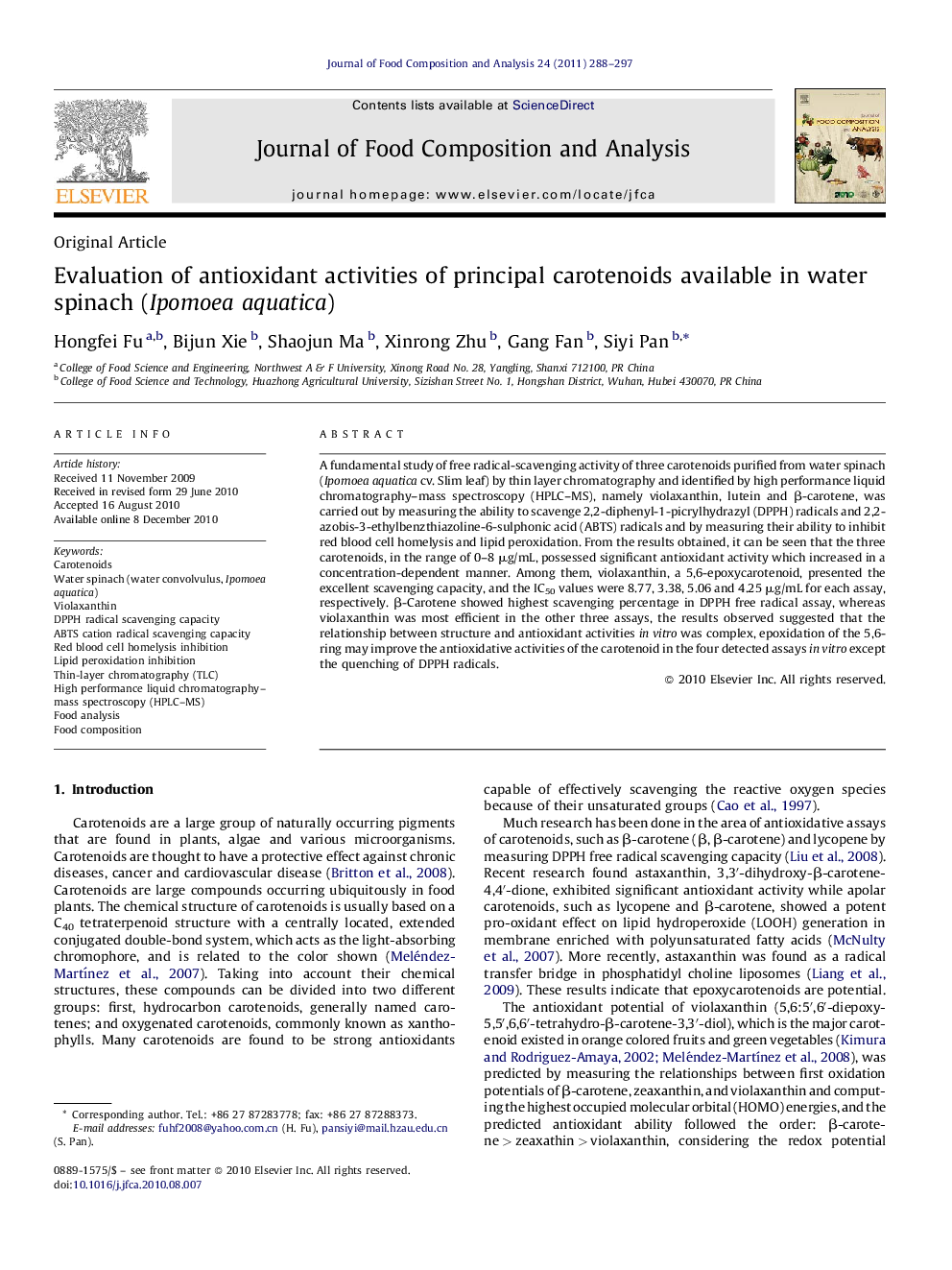 Evaluation of antioxidant activities of principal carotenoids available in water spinach (Ipomoea aquatica)