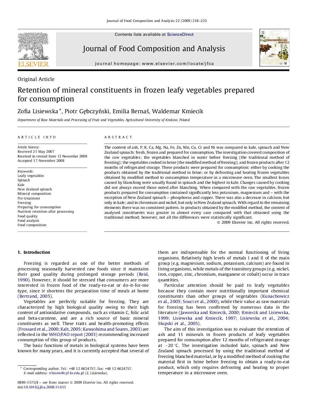 Retention of mineral constituents in frozen leafy vegetables prepared for consumption