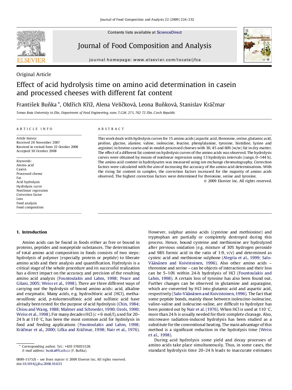 Effect of acid hydrolysis time on amino acid determination in casein and processed cheeses with different fat content