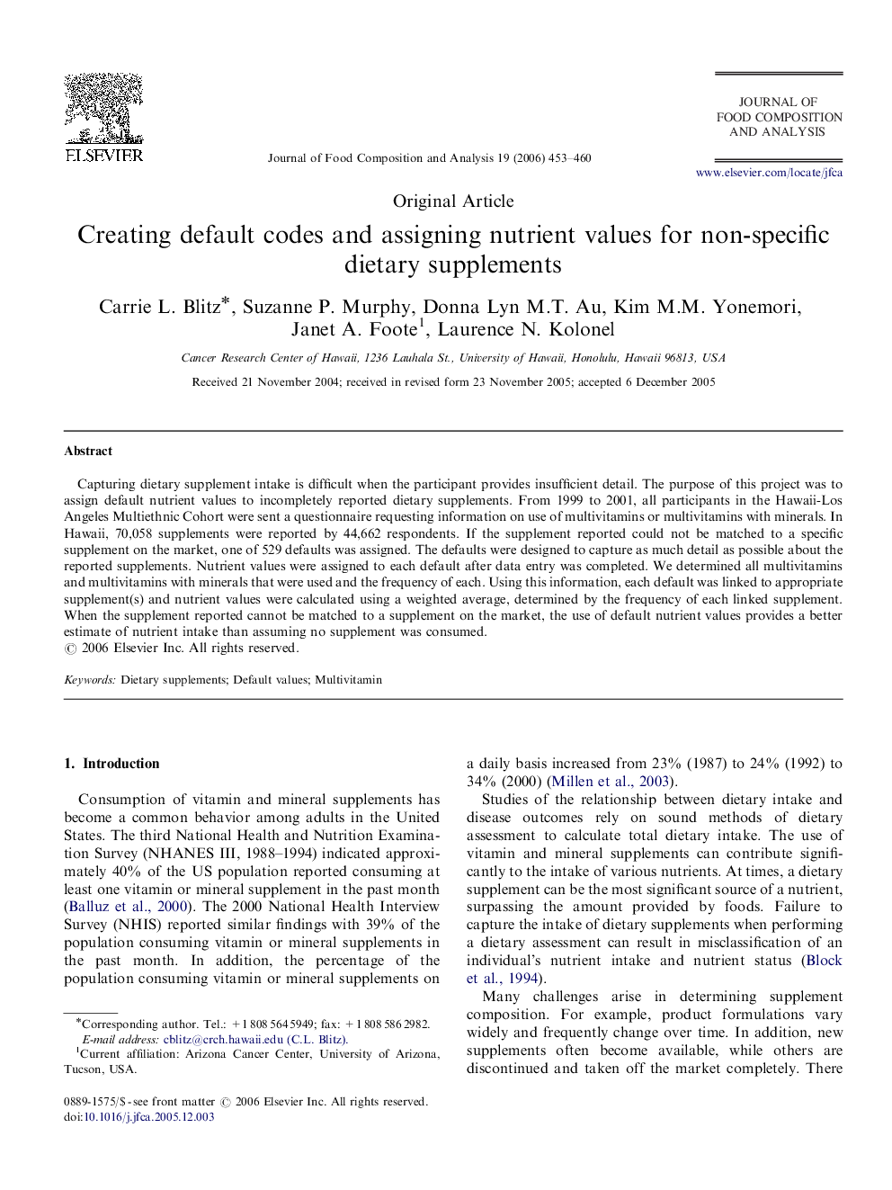 Creating default codes and assigning nutrient values for non-specific dietary supplements