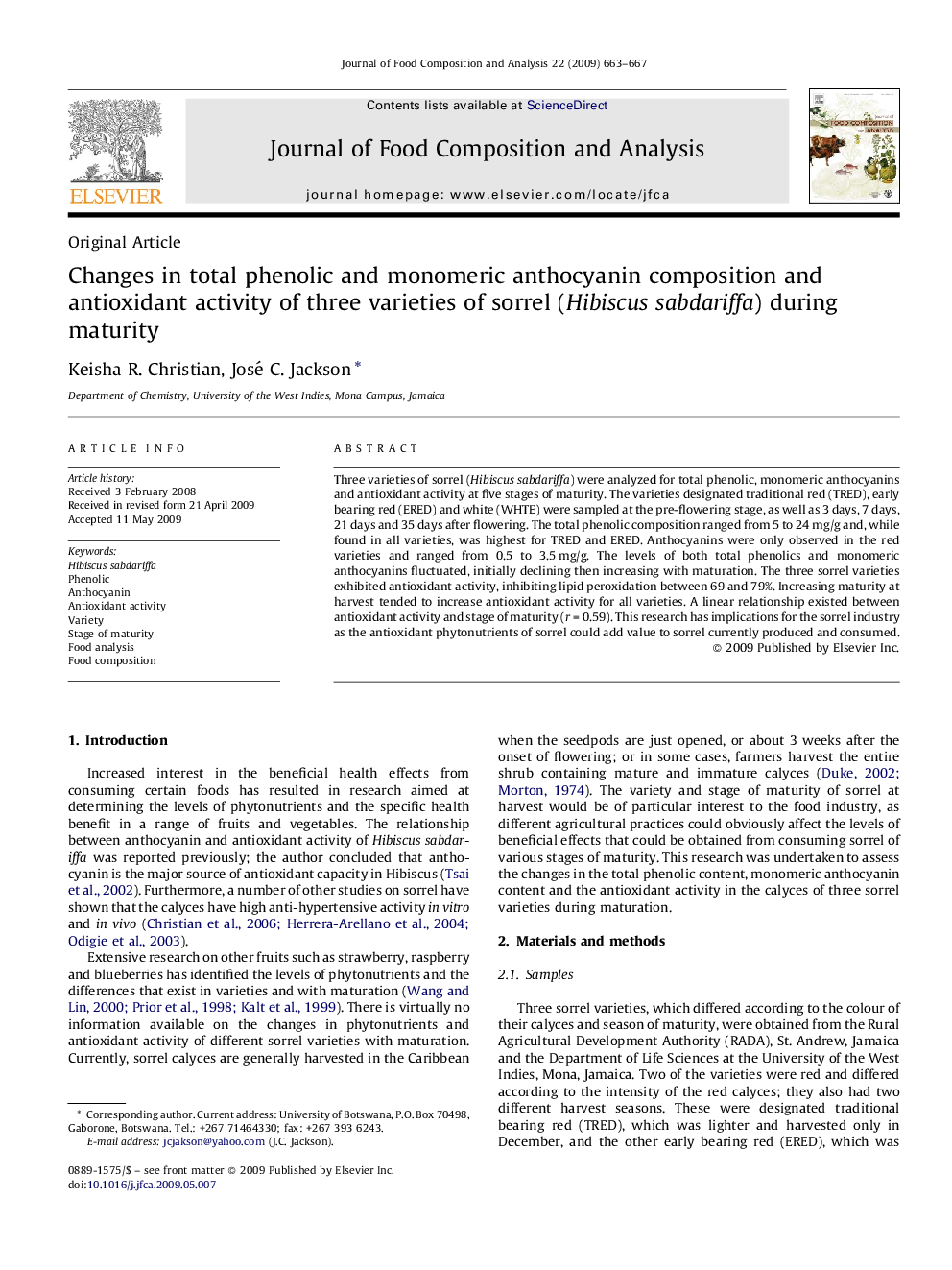 Changes in total phenolic and monomeric anthocyanin composition and antioxidant activity of three varieties of sorrel (Hibiscus sabdariffa) during maturity