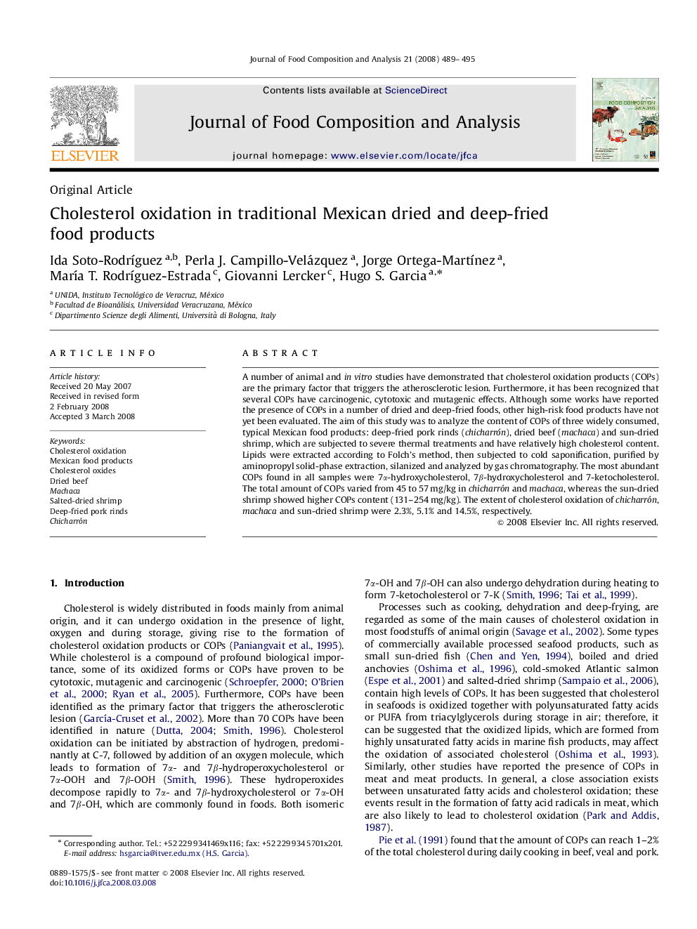 Cholesterol oxidation in traditional Mexican dried and deep-fried food products