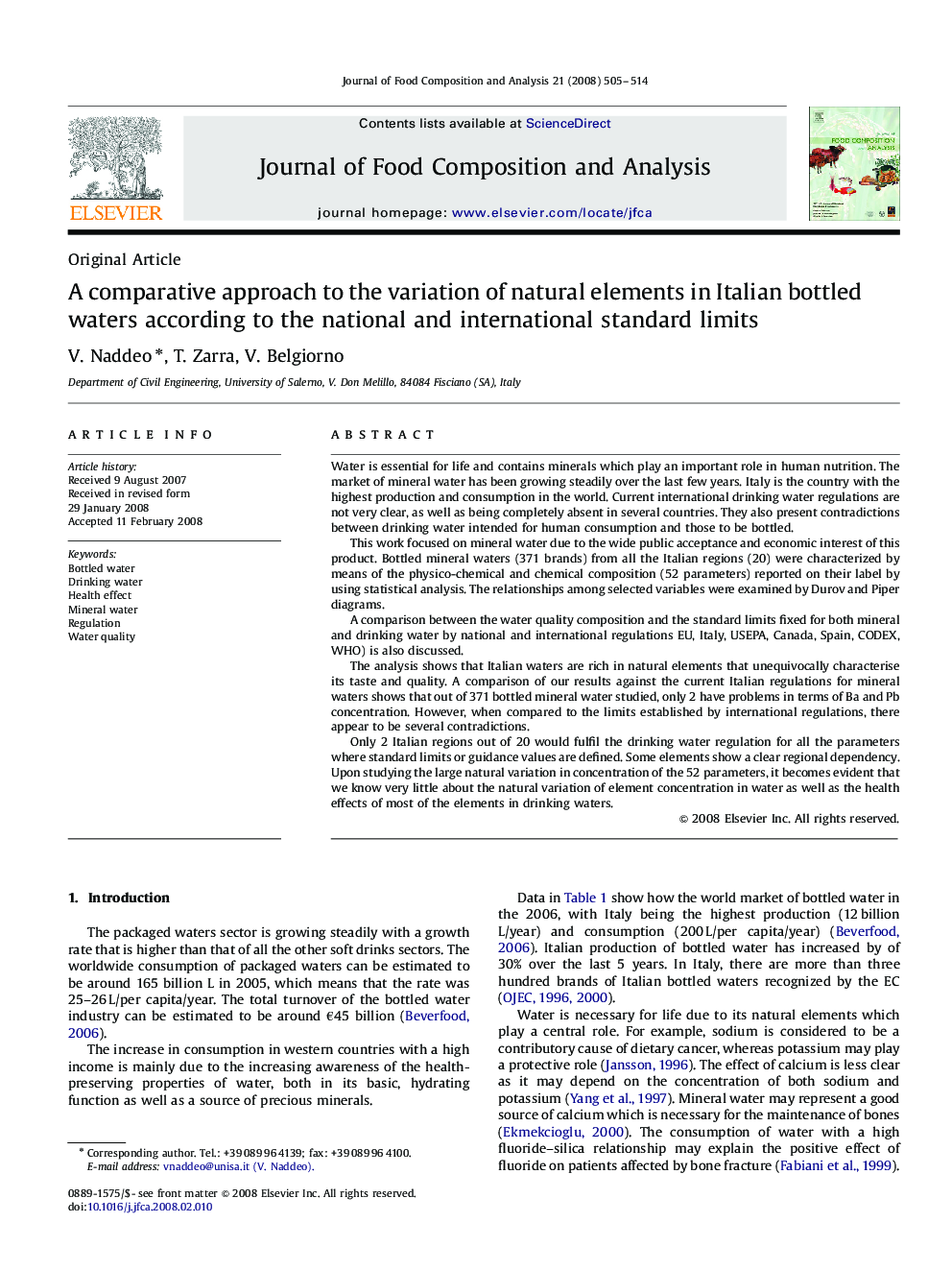 A comparative approach to the variation of natural elements in Italian bottled waters according to the national and international standard limits