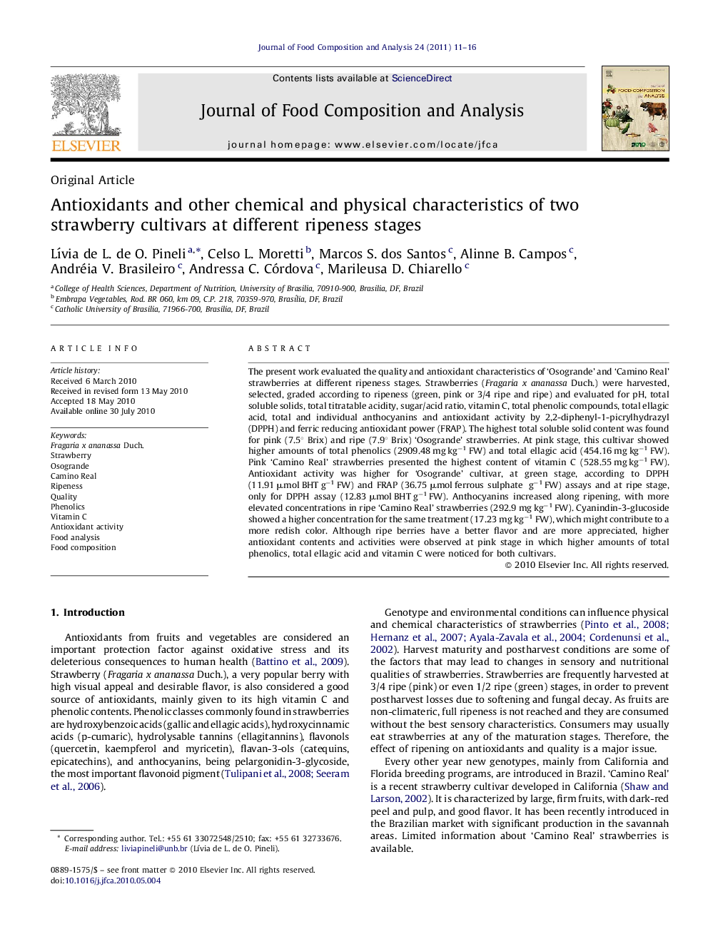 Antioxidants and other chemical and physical characteristics of two strawberry cultivars at different ripeness stages