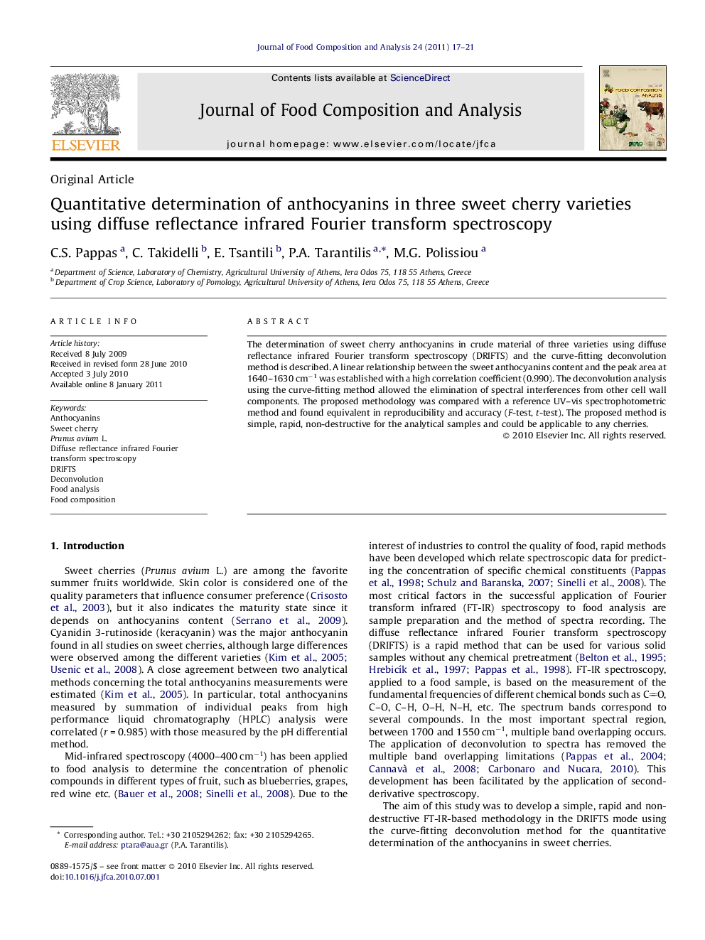 Quantitative determination of anthocyanins in three sweet cherry varieties using diffuse reflectance infrared Fourier transform spectroscopy